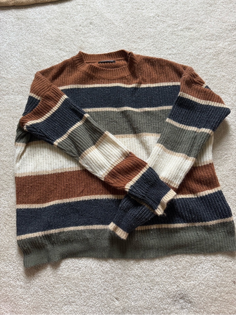 SHEIN Men's Striped Crewneck Sweater in Brown, Navy & Cream